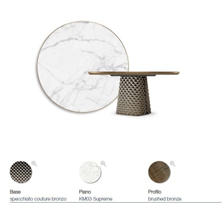 TAVOLO ATRIUM KERAMIK PREMIUM ROUND 160X73,5H BASE CRISTALLO MIROIR COUTURE BRONZE - PROFIL BRONZE BROSSÉ