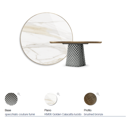 TAVOLO ATRIUM KERAMIK PREMIUM ROUND 160X73,5H BASE CRISTALLO SPECCHIATO COUTURE FUMÈ - PROFILO BRUSHED BRONZE