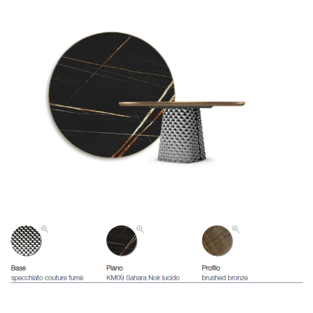 TAVOLO ATRIUM KERAMIK PREMIUM ROUND 160X73,5H BASE CRISTALLO SPECCHIATO COUTURE FUMÈ - PROFILO BRUSHED BRONZE