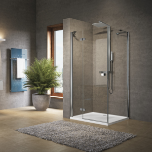 BRERA G+F ANGLE 1 PORTE BATTANTE + 1 CÔTÉ FIXE MONTANT CHROME VERRE TRANSPARENT