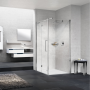 YOUNG 2GS+F ANGLE 1 PORTE PLIANTE + 1 CÔTÉ FIXE MONTANT CHROME BRILLANT VERRE TRANSPARENT