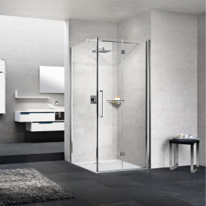YOUNG 2GS+F ANGLE 1 PORTE PLIANTE + 1 CÔTÉ FIXE MONTANT CHROME BRILLANT VERRE TRANSPARENT
