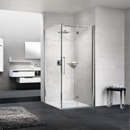 YOUNG 2GS+F ANGLE 1 PORTE PLIANTE + 1 CÔTÉ FIXE MONTANT CHROME BRILLANT VERRE TRANSPARENT