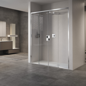 OPERA 2E NICHE 2 PORTES COULISSANTES AVEC ENTRÉE CENTRALE MONTANT CHROME BRILLANT VERRE TRANSPARENT