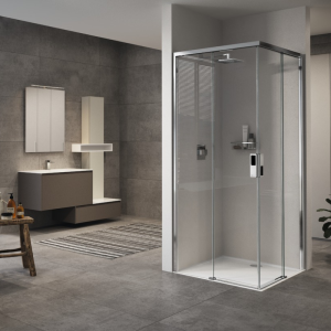 OPERA D'ANGLE 2 PORTES COULISSANTES MONTANT CHROME BRILLANT VERRE TRANSPARENT