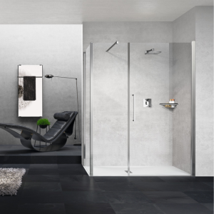 YOUNG G+F+F ANGLE 1 PORTE BATTANTE AVEC FIXE EN LINEA + 1 CÔTÉ FIXE MONTANT CHROME BRILLANT VERRE TRANSPARENT