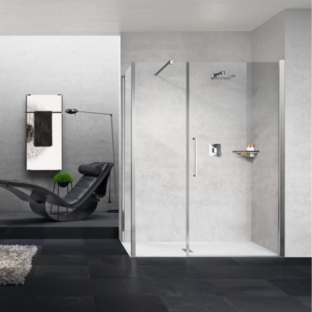 YOUNG G+F+F ANGLE 1 PORTE BATTANTE AVEC FIXE EN LINEA + 1 CÔTÉ FIXE MONTANT CHROME BRILLANT VERRE TRANSPARENT