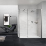 YOUNG G+F+F ANGLE 1 PORTE BATTANTE AVEC FIXE EN LINEA + 1 CÔTÉ FIXE MONTANT CHROME BRILLANT VERRE TRANSPARENT