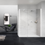 YOUNG G+F+F ANGLE 1 PORTE BATTANTE AVEC FIXE EN LINEA + 1 CÔTÉ FIXE MONTANT CHROME BRILLANT VERRE TRANSPARENT