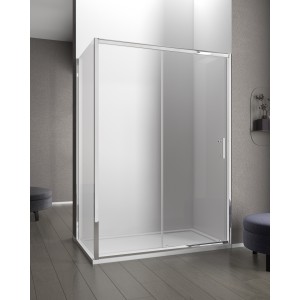 GRANDE ANGLE 1 PORTE COULISSANTE + CÔTÉ FIXE PROFIL CHROME VERRE TRANSPARENT