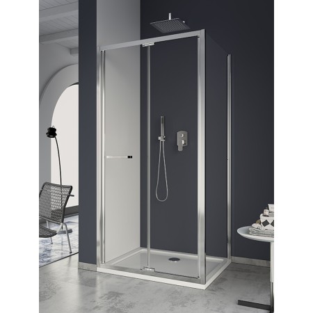 FORMICA 3 ANGLE PORTE PLIANTE + CÔTÉ FIXE PROFIL CHROMÉ VERRE TRANSPARENT