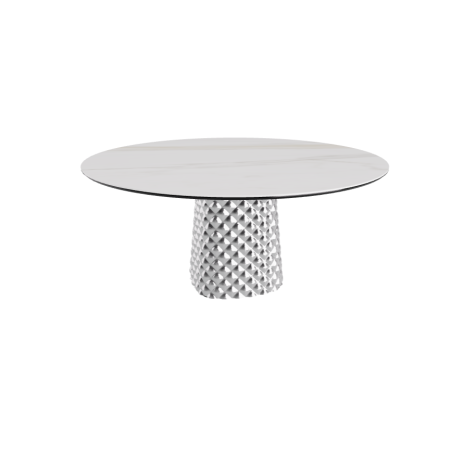 TABLE ATRIUM KERAMIK ROUND - BASE FUMÉ PIANO EN MARMO CÉRAMIQUE GOLDEN CALACATTA MAT Ø 158xh73,5