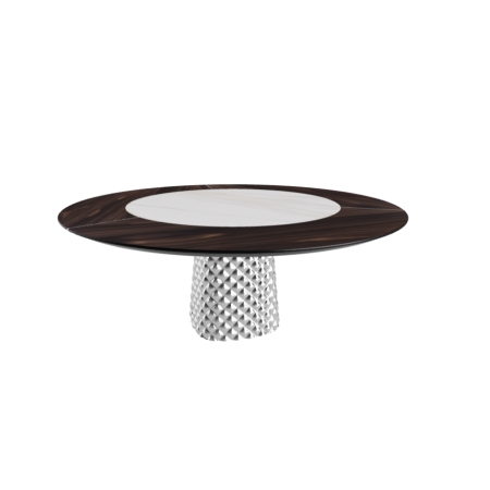 TABLE ATRIUM KER-WOOD BASE RONDE FUME TOP CHÊNE BRÛLÉ PIANO CÉRAMIQUE CALACATTA MAT Ø180x74,5H