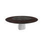TABLE ATRIUM KER-WOOD BASE RONDE FUME TOP CHÊNE BRÛLÉ PIANO CÉRAMIQUE PORTORO MAT Ø180x74,5H