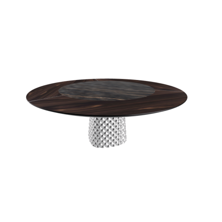 TABLE ATRIUM KER-WOOD BASE RONDE FUME TOP CHÊNE BRÛLÉ PIANO CÉRAMIQUE PORTORO MAT Ø180x74,5H
