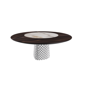 TABLE ATRIUM KER-WOOD BASE RONDE FUME TOP CHÊNE BRÛLÉ PIANO CÉRAMIQUE ALABASTRE Ø160x74,5H