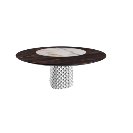 TABLE ATRIUM KER-WOOD BASE RONDE FUME TOP CHÊNE BRÛLÉ PIANO CÉRAMIQUE ALABASTRE Ø160x74,5H
