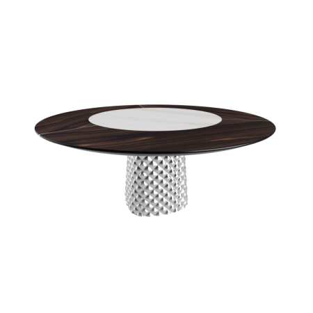 TABLE ATRIUM KER-WOOD BASE RONDE FUME TOP CHÊNE BRÛLÉ PIANO CÉRAMIQUE CALACATTA MAT Ø160x74,5H