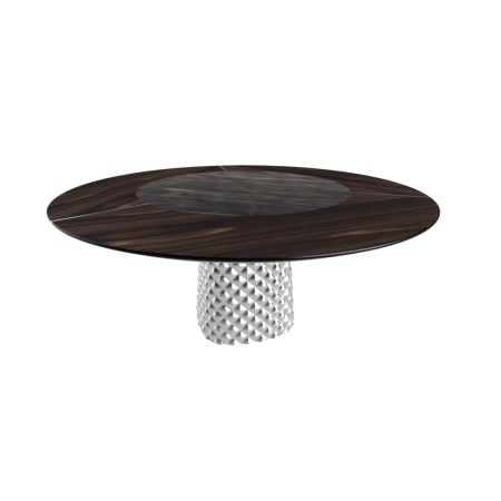 TABLE ATRIUM KER-WOOD BASE RONDE FUME DESSUS CHÊNE BRÛLÉ PIANO CÉRAMIQUE PORTORO MAT Ø160x74,5H