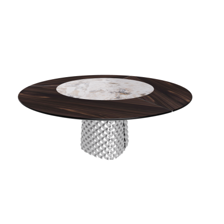 TABLE ATRIUM KER-WOOD BASE RONDE FUME DESSUS CHÊNE BRÛLÉ PIANO CÉRAMIQUE MAKALU Ø160x74,5H