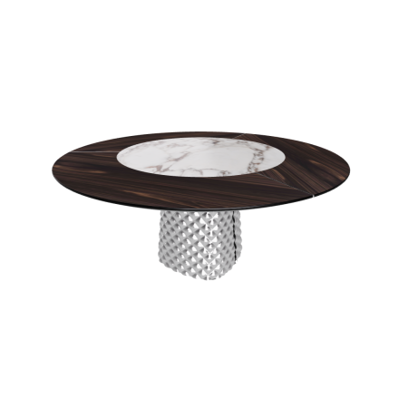 TABLE ATRIUM KER-WOOD BASE RONDE FUME DESSUS CHÊNE BRÛLÉ PIANO CÉRAMIQUE BRECCIA Ø160x74,5H