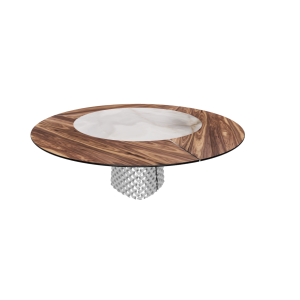 TABLE ATRIUM KER-WOOD BASE RONDE FUME TOP NOYER CANALETTO PIANO CÉRAMIQUE ALABASTRE Ø180x74,5H