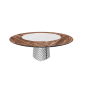 TABLE ATRIUM KER-WOOD BASE RONDE FUME TOP NOYER CANALETTO PIANO CÉRAMIQUE CALACATTA MAT Ø180x74,5H