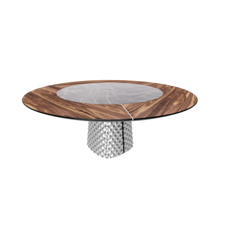 TABLE ATRIUM KER-WOOD BASE RONDE FUME TOP NOYER CANALETTO PIANO CÉRAMIQUE PORTORO MAT Ø180x74,5H