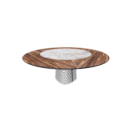 TABLE ATRIUM KER-WOOD BASE RONDE FUME TOP NOYER CANALETTO PIANO CÉRAMIQUE MAKALU Ø180x74,5H