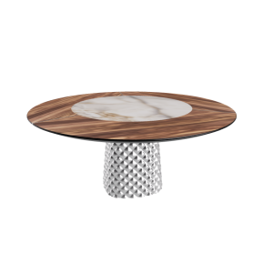 TABLE ATRIUM KER-WOOD BASE RONDE FUME TOP NOYER CANALETTO PIANO CÉRAMIQUE ALABASTRE Ø160x74,5H