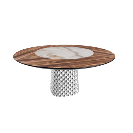 TABLE ATRIUM KER-WOOD BASE RONDE FUME TOP NOYER CANALETTO PIANO CÉRAMIQUE ALABASTRE Ø160x74,5H