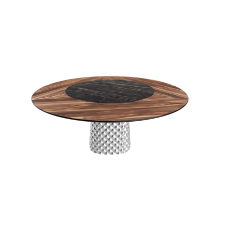 TABLE ATRIUM KER-WOOD BASE RONDE FUME TOP NOYER CANALETTO PIANO CÉRAMIQUE PORTORO MAT Ø160x74,5H