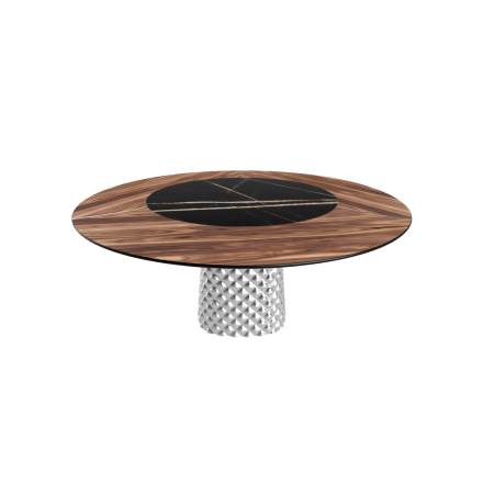 TABLE ATRIUM KER-WOOD BASE RONDE FUME TOP NOYER CANALETTO PIANO CÉRAMIQUE SAHARA NOIR LUCIDE Ø160x74,5H
