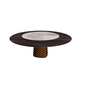 TABLE ATRIUM KER-WOOD BASE RONDE BRONZE PLATEAU CHÊNE BRÛLÉ PIANO CÉRAMIQUE ALABASTRE Ø180x74,5H
