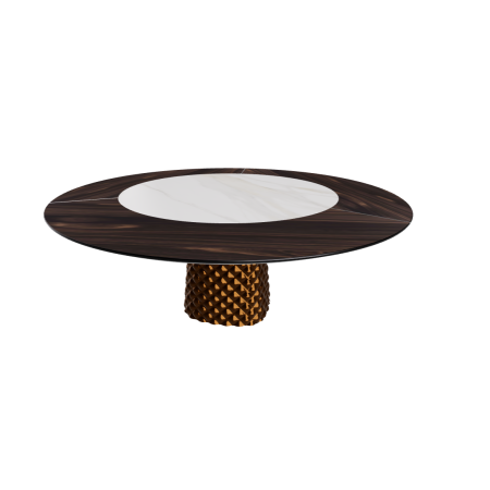 TABLE ATRIUM KER-WOOD BASE RONDE BRONZE PLATEAU CHÊNE BRÛLÉ PIANO CÉRAMIQUE CALACATTA MAT Ø180x74,5H