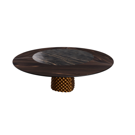 TABLE ATRIUM KER-WOOD BASE RONDE BRONZE PLATEAU CHÊNE BRÛLÉ PIANO CÉRAMIQUE PORTORO MAT Ø180x74,5H