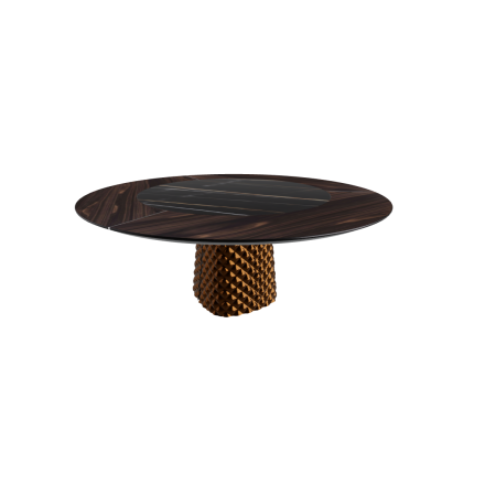 TABLE ATRIUM KER-WOOD BASE RONDE BRONZE PLATEAU CHÊNE BRÛLÉ PIANO CÉRAMIQUE SAHARA NOIR LUCIDE Ø180x74,5H