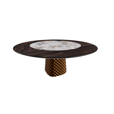 TABLE ATRIUM KER-WOOD BASE RONDE BRONZE PLATEAU CHÊNE BRÛLÉ PIANO CÉRAMIQUE MAKALU Ø180x74,5H