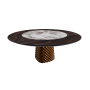 TABLE ATRIUM KER-WOOD BASE RONDE BRONZE PLATEAU CHÊNE BRÛLÉ PIANO CÉRAMIQUE BRECCIA Ø180x74,5H