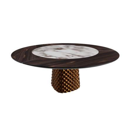 TABLE ATRIUM KER-WOOD BASE RONDE BRONZE PLATEAU CHÊNE BRÛLÉ PIANO CÉRAMIQUE BRECCIA Ø180x74,5H