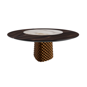 TABLE ATRIUM KER-WOOD BASE RONDE BRONZE PLATEAU CHÊNE BRÛLÉ PIANO CÉRAMIQUE ALABASTRE Ø160x74,5H