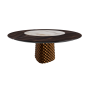 TABLE ATRIUM KER-WOOD BASE RONDE BRONZE PLATEAU CHÊNE BRÛLÉ PIANO CÉRAMIQUE ALABASTRE Ø160x74,5H