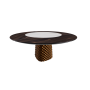 TABLE ATRIUM KER-WOOD BASE RONDE BRONZE PLATEAU CHÊNE BRÛLÉ PIANO CÉRAMIQUE CALACATTA MAT Ø160x74,5H