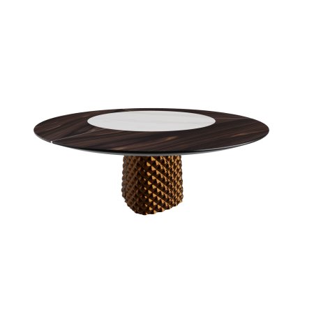 TABLE ATRIUM KER-WOOD BASE RONDE BRONZE PLATEAU CHÊNE BRÛLÉ PIANO CÉRAMIQUE CALACATTA MAT Ø160x74,5H