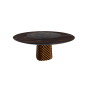 TABLE ATRIUM KER-WOOD BASE RONDE BRONZE PLATEAU CHÊNE BRÛLÉ PIANO CÉRAMIQUE PORTORO MAT Ø160x74,5H