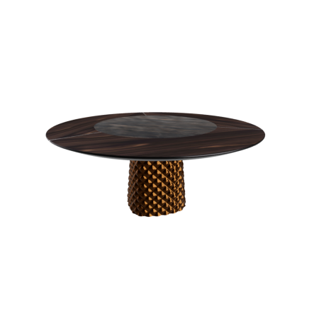 TABLE ATRIUM KER-WOOD BASE RONDE BRONZE PLATEAU CHÊNE BRÛLÉ PIANO CÉRAMIQUE PORTORO MAT Ø160x74,5H