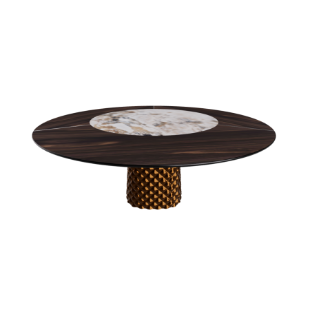 TABLE ATRIUM KER-WOOD BASE RONDE BRONZE PLATEAU CHÊNE BRÛLÉ PIANO CÉRAMIQUE MAKALU Ø160x74,5H