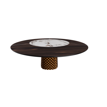 TABLE ATRIUM KER-WOOD BASE RONDE BRONZE PLATEAU CHÊNE BRÛLÉ PIANO CÉRAMIQUE BRECCIA Ø160x74,5H