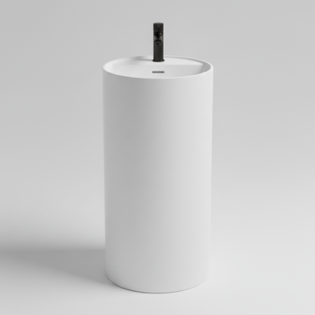 Lavabo Freestanding Tondo Scarico A Parete Con Foro Rubinetteria Cristalplant Bianco Opaco L. 44 A. 87 P. 44