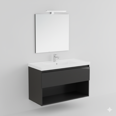 B-BEST COMPOSITION FINITION NOIR BRILLANT - L. 100 CM P. 45,5 CM H. 58,5 CM - 1 TIROIR - COMPLET AVEC MIROIR ET SPOT